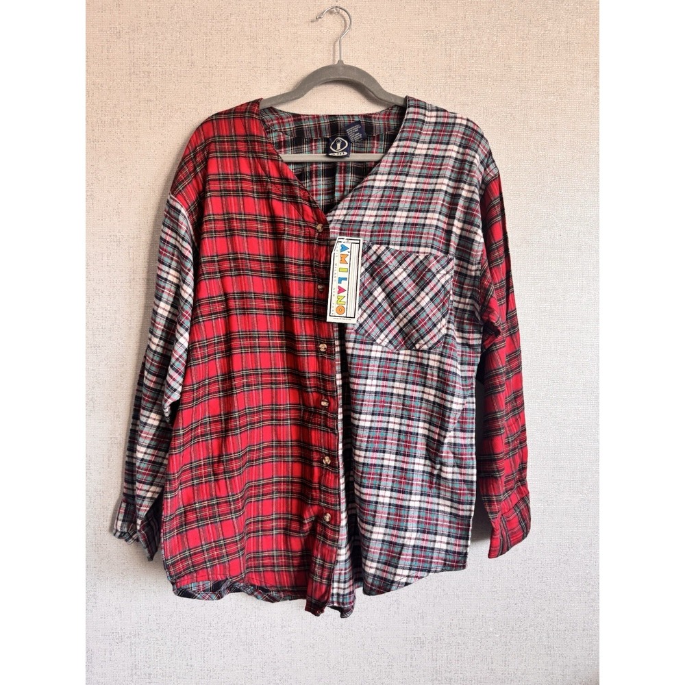 Mixed Plaid Patchwork Button-Up Shirt – Long Sleeve Large